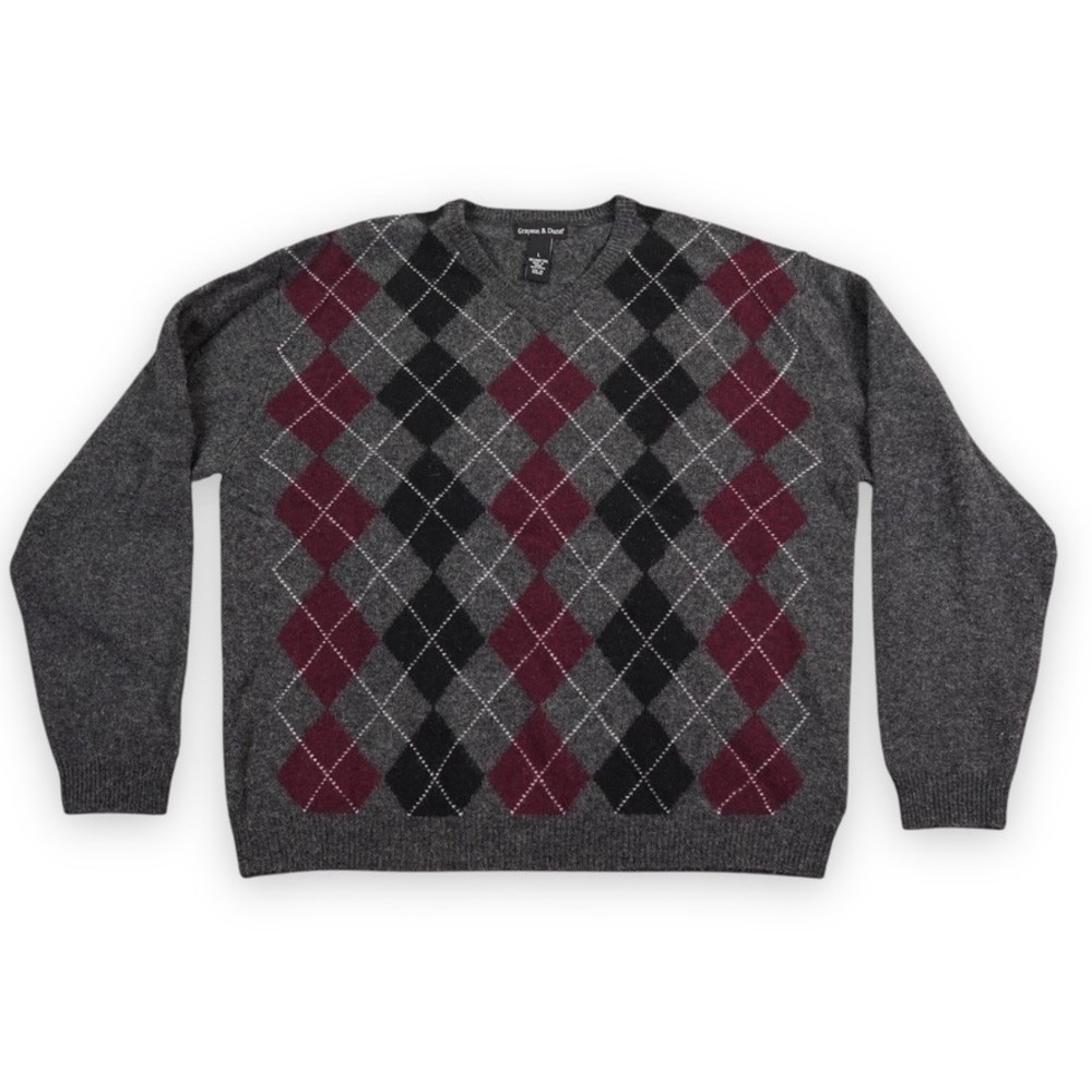 Grayson Dunn Lambswool Sweater Mens‎ Large Gray Red Argyle Preppy Grandad V-Neck
